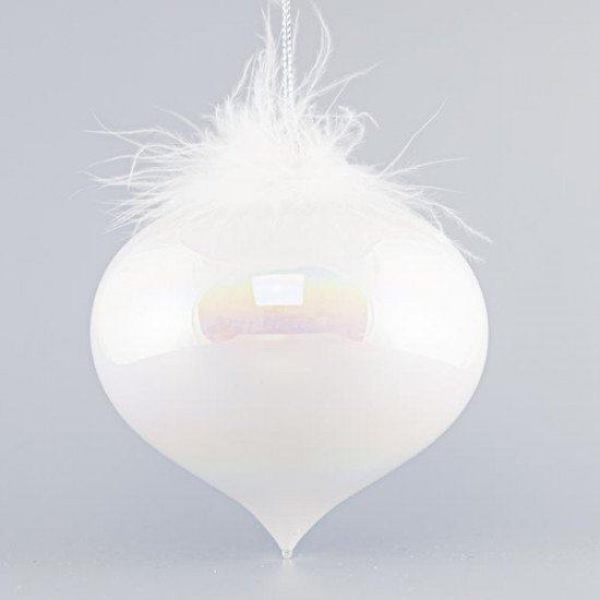 Γυάλινο Στολίδι Κρεμμύδι Ιριδίζον Λευκό με Πούπουλα 10cm