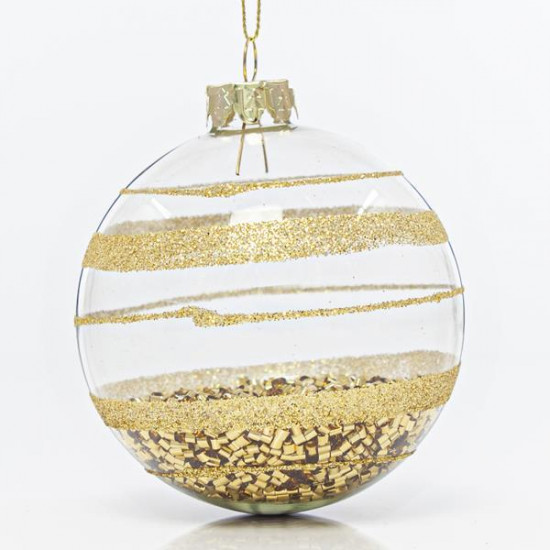 Μπάλα Γυάλινη Διάφανη με Χρυσά Σχέδια και Χάντρες 8cm