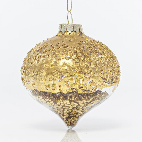 Γυάλινο Στολίδι Κρεμμύδι Διάφανο με Χρυσό και Χρυσές Χάντρες 8cm