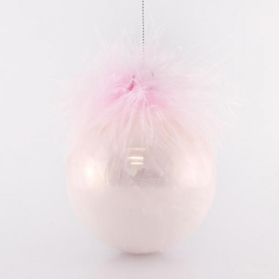 Μπάλα Γυάλινη Ροζ-Λευκή με Πούπουλα 8cm